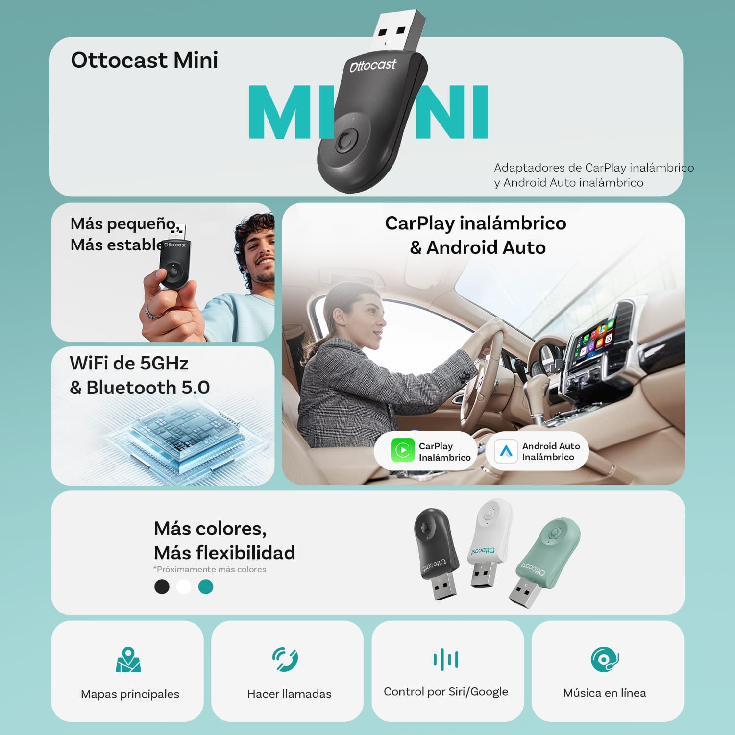 Ottocast® Mini adaptador inalámbrico CarPlay/Android Auto