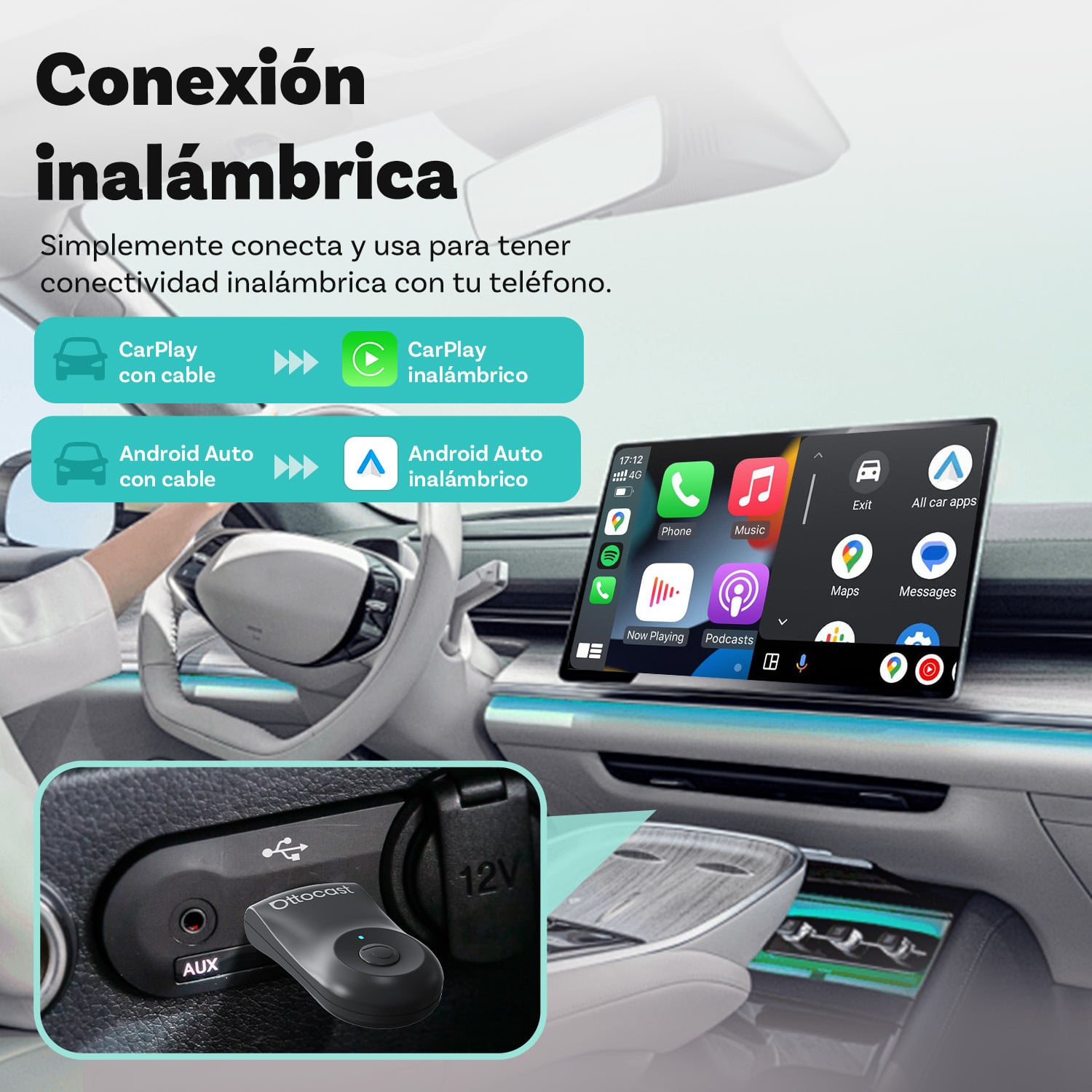 Ottocast® Mini adaptador inalámbrico CarPlay/Android Auto