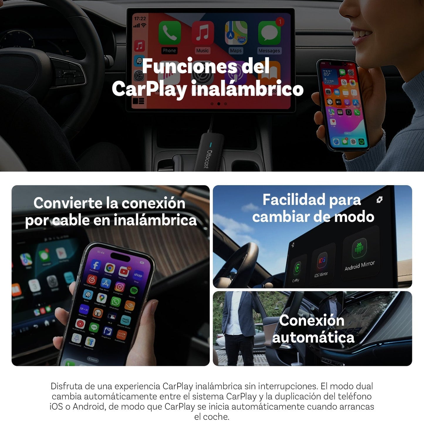 Ottocast® Mirror Touch adaptador CarPlay inalámbrico
