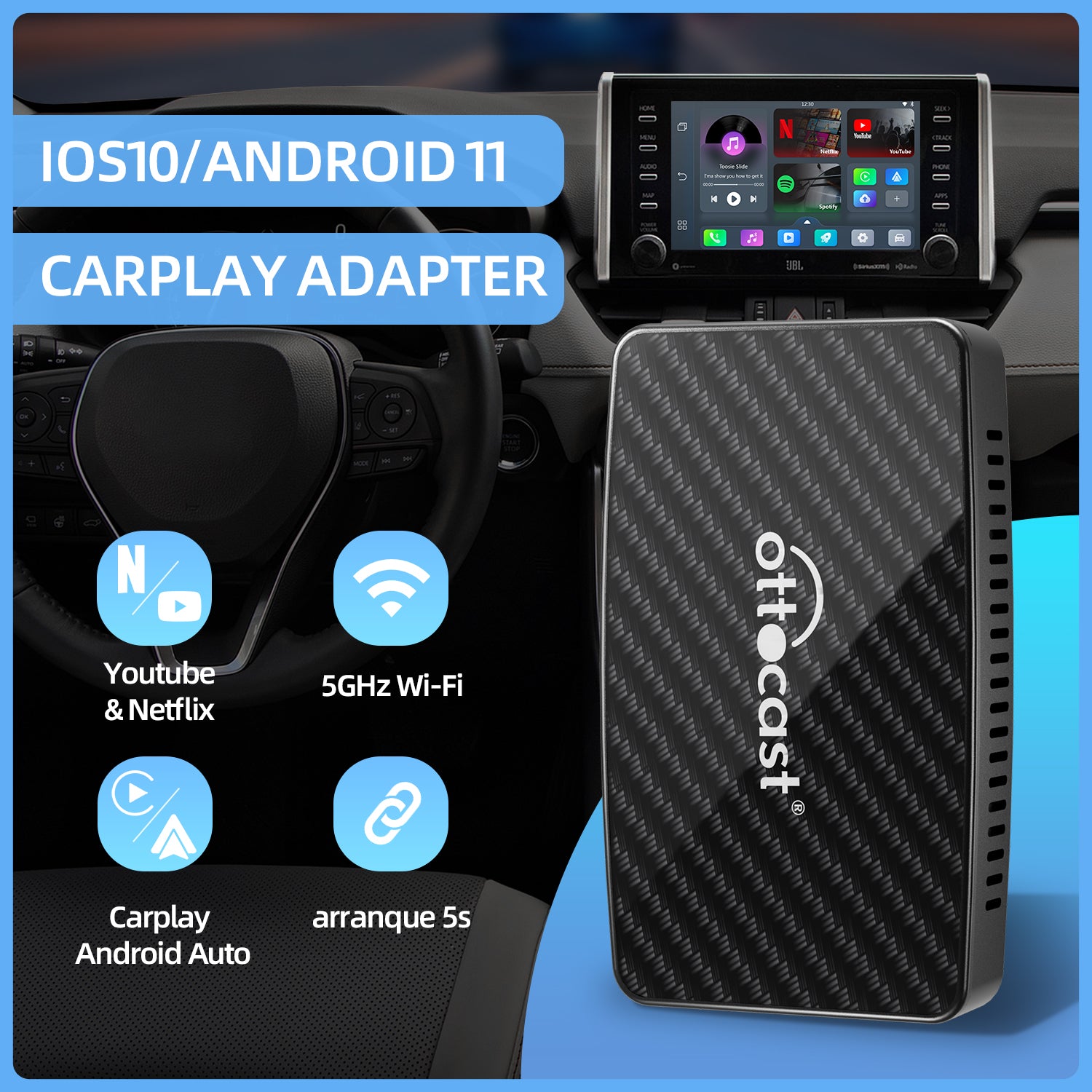 Play2Video Pro adaptador CarPlay/ Android Auto inalámbrico con YouTube y Netflix