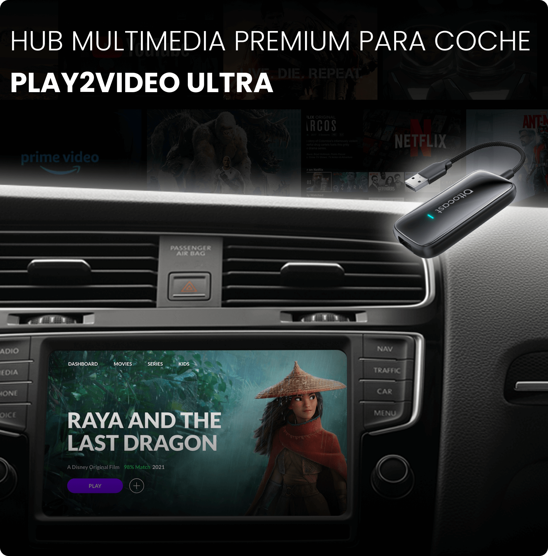 Play2Video Ultra · Adaptador inalámbrico CarPlay/Android Auto con Netflix, YouTube, Prime Video y más